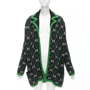 GUCCI 2018 white black GG monogram alpaca wool green trim knit coat S - Picture 1 of 10