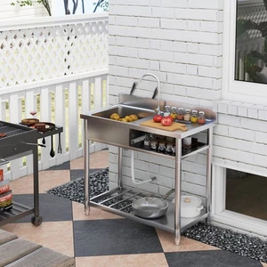 HOMCOM Évier utilitaire 39 pouces en acier inoxydable avec tuyau d'eau froide et chaude - Photo 1 sur 11
