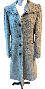 ANNE KLEIN TWEED WOOL BLEND COAT Midi Black/White Fringe Trim-Size 12 - Picture 1 of 11