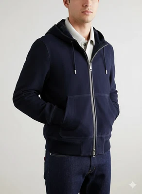 Navy Blue Lambskin Bomber Jacket Men Handmade Suede Leather Hooded Genuine Soft - Image 1 of 4