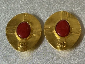 Vintage CHANEL CC Logos Clip-On Earrings GoldTone Red Signed (CJ-A1-2-1) - Picture 1 of 8