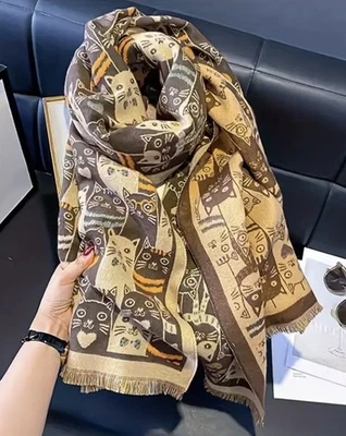 Ladies Top Quality Double Sided Cat Pattern Scarf Wool  Evening Shawl Warm - Image 1 of 4