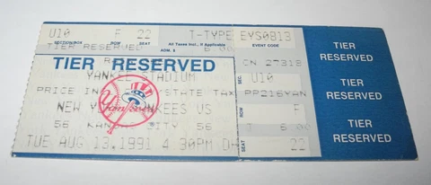 1991 Baseball New York Yankee Kansas City Royals Ticket Stub 8/13 Don Mattingly Cover