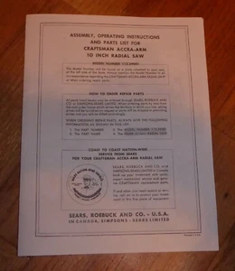 SEARS CRAFTSMAN 10 INCH RADIAL ARM SAW OWNERS MANUAL 113.29001 29001 ACCRA ARM - Picture 1 of 1