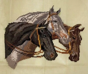 Preworked THREE HORSES Black Gray Brown Horse Needlepoint Canvas 12" x 10" - Picture 1 of 2