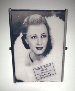 1930's VINTAGE 3-1/4" x 4-1/4" NICKEL PLATED EASEL FRAME with Irene Dunne Photo  - Picture 1 of 3