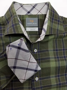 Thomas Dean Mens Shirt Green Blue Flip Cuff Long Sleeve Pima Cotton Size Large - Picture 1 of 12