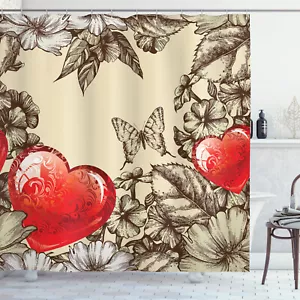 Floral Pattern with Hearts Vintage Decor Butterfly Art Print Shower Curtain Set - Picture 1 of 2
