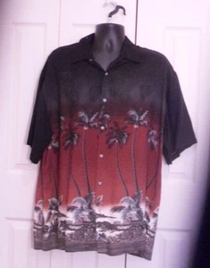  ST JOHN'S BAY Mens Island Style Hawaiian Black w/Beach Scene 100% Rayon XL - Picture 1 of 3