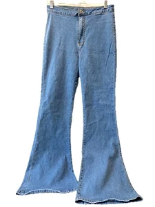 Jean elástico azul denim talla L tiro alto campana parte inferior 30 en cintura 31 entrepierna usado 1x - Imagen 1 de 8