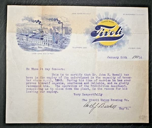 1916 TIVOLI UNION BREWING DENVER COLORADO PROHIBITION SIGNED LETTER OF REC FP194 - Picture 1 of 10