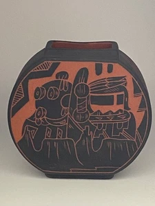 New Mexico Native American Acoma Pueblo Pottery, Black & Orange Vase - Picture 1 of 7