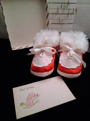 Vintage Christmas Faux Fur Trimmed Red Satin Baby Booties "A Gift For Baby"* - Image 1 of 4