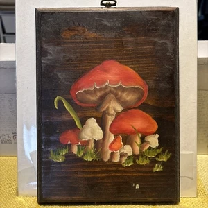 Vintage 1978 Pilze Holz hängende Kunst Plakette selten & Farbe 9”x6,5” - Bild 1 von 9