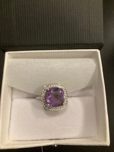 Cushion Cut 3.6 ct Amethyst and Diamond Sterling Silver Ring, Size 6.25 - Picture 1 of 3