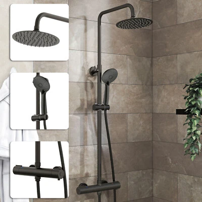 AICA Bathroom Shower Thermostatic Mixer Set Round Matte Black Twin Head Exposed Valve