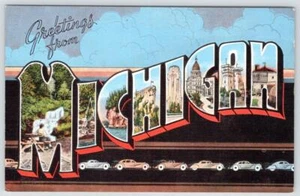 POSTAL DE LINO CARTA GRANDE VINTAGE SALUDOS DESDE MICHIGAN AÑOS 40 - Imagen 1 de 2