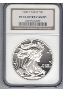 1998 P 1 OZ SILVER EAGLE NGC PF69 ULTRA CAMEO BROWN LABEL - Picture 1 of 2