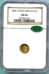 1849 $1 GOLD DOLLAR G$1 Type 1 CLOSED WREATH NGC MS64 MS-64 SCARCE CAC !! - Picture 1 of 4