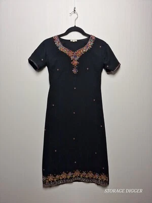 Vestido largo negro para mujer manga corta multicolor floral con cuentas talla 40/42 Foto 1 de 4