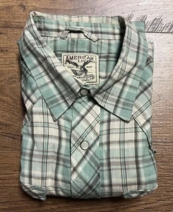 Camicia American Eagle con bottoni uomo M perle a quadri cowboy western giogo verde acqua - Foto 1 di 11
