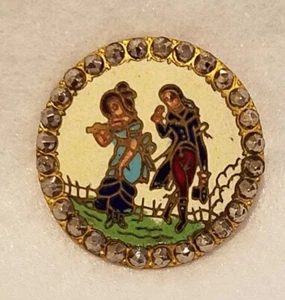SCARCE ANTIQUE CHAMPLEVE ENAMEL BUTTON W/FOPS COUPLE/RIVETED CUT STEELS, 1-1/16" - Picture 1 of 2