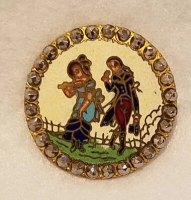SCARCE ANTIQUE CHAMPLEVE ENAMEL BUTTON W/FOPS COUPLE/RIVETED CUT STEELS, 1-1/16" - Image 1 of 2