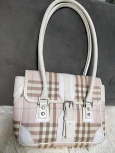 Burberry Coated Canvas Top Handle Briefcase Check Bag Shoulder White Pink Purse - Picture 1 of 12