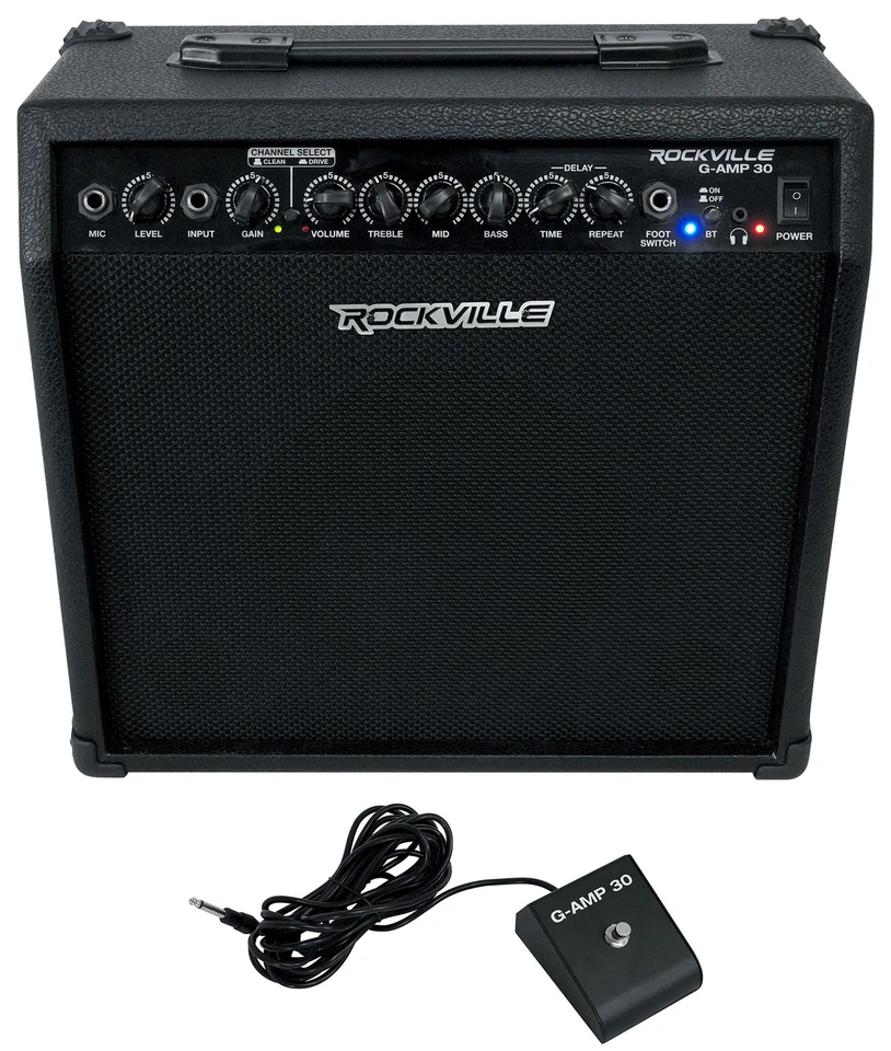 Rockville G-AMP 30 Watt Gitarren Combo Verstärker Amp Bluetooth/Mikro In + Fußschalter - Bild 1 von 4