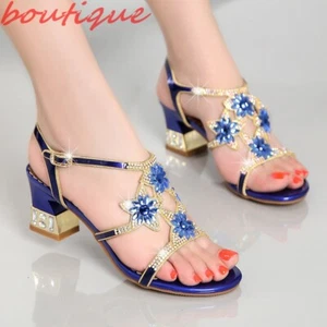 Sandalias de vestir de noche de tacón de bloque de cristal con pedrería para mujer Zapatos de novia de fiesta - Imagen 1 de 14