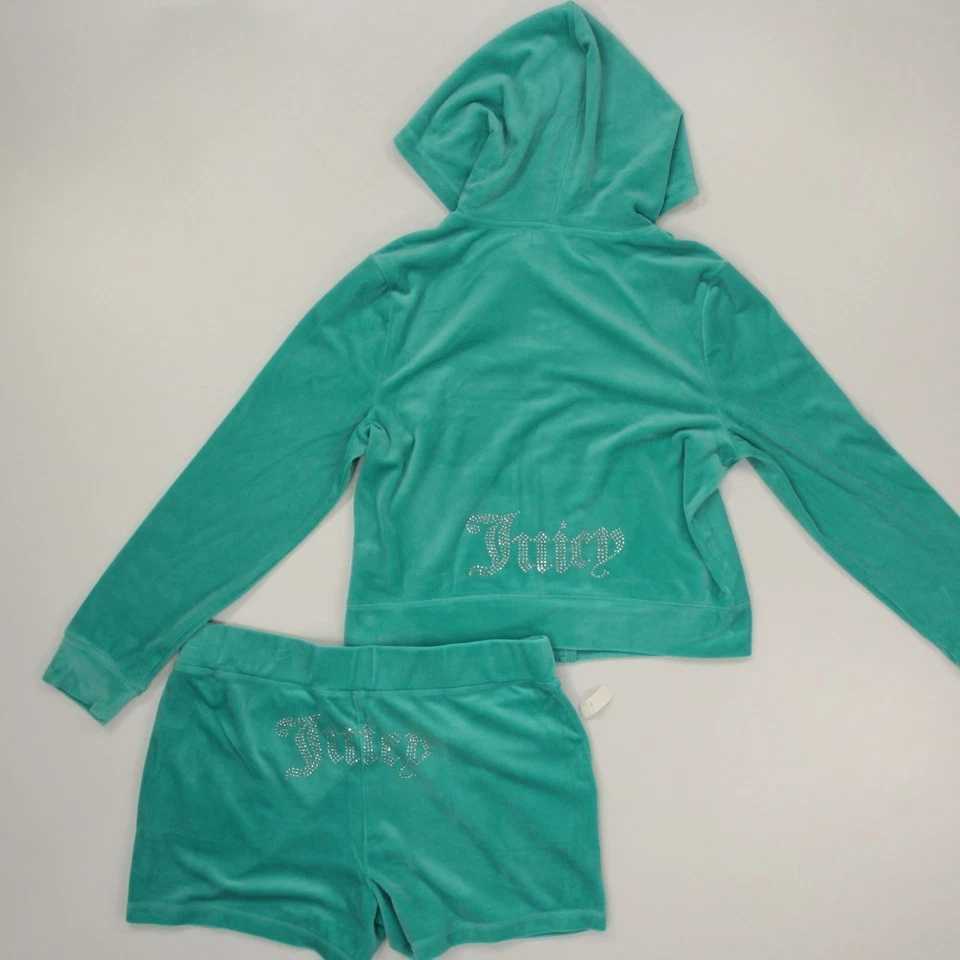 Conjunto de pista de terciopelo Juicy Couture para mujer talla XL verde azulado sudadera con capucha pantalones cortos Bling Y2K Foto 1 de 4