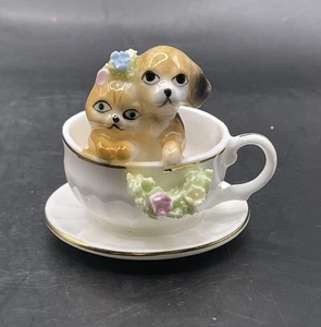 Vintage Napcoware Bone China Puppy And Kitten In Mini Teacup Figurine 1.75” x 2” - Picture 1 of 5