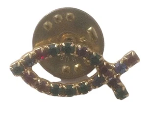 Prendedor corbata solapa bufanda pez abierto fe religiosa cristal dorado vintage - Imagen 1 de 3