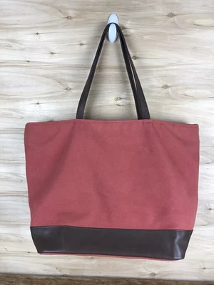 Restoration Hardware Large Canvas Tote Heavy Bag Leather Handles Zip Coral - Image 1 of 4