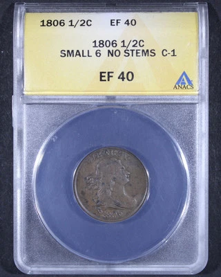 1806 Draped Bust Half Cent - Small 6, No Stems - 1/2c ANACS XF40 - Strong Detail - Image 1 of 4