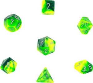 7CT GEMINI POLY DICE SETGREEN-YELLOW WITH SILVER - Picture 1 of 1