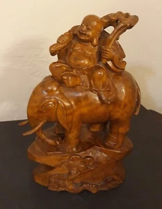 Chinese Boxwood Wood Hand-Carved Happy Maitreya Buddha On elephant figurine - Picture 1 of 9