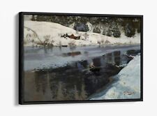 FRITS THAULOW, WINTER AT THE RIVER SIMOA -FLOAT EFFECT CANVAS WALL ART PIC PRINT