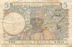 French West Africa 5 Francs 22.4.1942 Series S circulated Banknote G. A4 - Picture 1 of 2