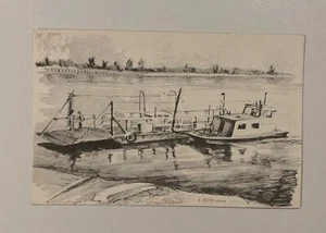 R. Misselhorn Vintage Postkarte Fähre Boot Skizze Dock Auto Personen - Bild 1 von 6