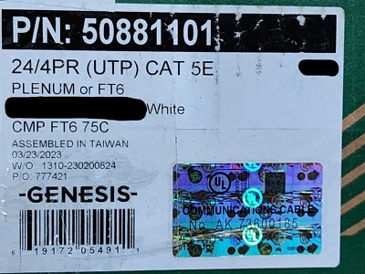 Honeywell Genesis 5088 24/4P CAT5E LAN UTP Networking Cable Plenum White /100ft - Image 1 of 4