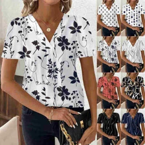 Damen V Ausschnitt Oberteile Sommer Blumen Druck Kurz Ärmel Bluse Casual T Shirt - Bild 1 von 49