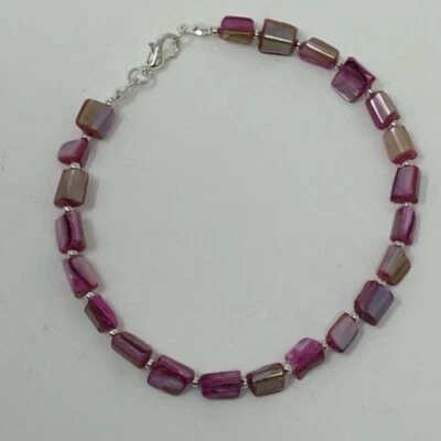 Handmade Beaded Anklet Pink Dyed MOP Shell Nuggets Chips Silver Tone 9.75" Long - Image 1 of 4
