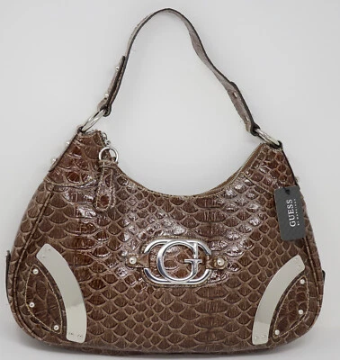 NUEVO (pequeño defecto) GUESS Mujer Marrón Cocodrilo Repujado Grande Hobo Bolso de Mano Bolso de Mano Foto 1 de 4