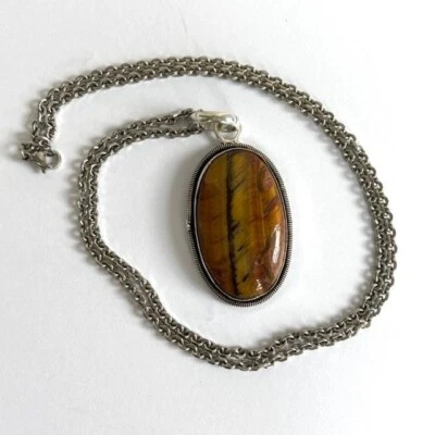 Collar colgante ojo de tigre chapado en plata bisel ovalado conjunto cabujón 22" cadena Rolo Foto 1 de 4