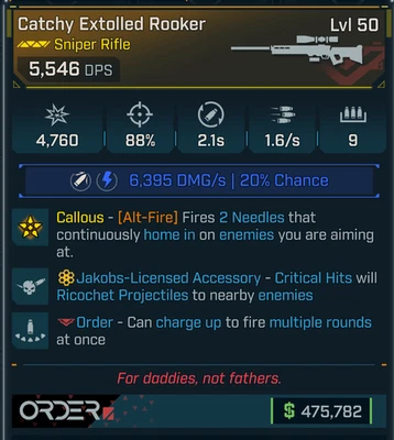 Borderlands 4 OP⭐CATCHY  EXTOLLED ROOKER SNIPER⭐JAKOBS⭐ORDER⭐121% CRIT - Image 1 of 2