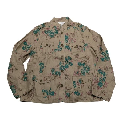 Relativity 夹克女式大号棕褐色花卉亚麻实用军用纽扣前襟 — 第 1/4 张图片