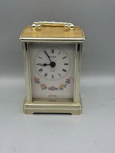 Bulova Quartz Mini Clock German movement/English Case Gold Tone Pink Roses - Picture 1 of 13