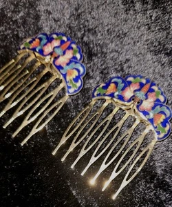 Vintage Blue Cloisonne Hair Combs Set Butterflies Floral Gold Tone 2.5 in 1970s - Picture 1 of 5