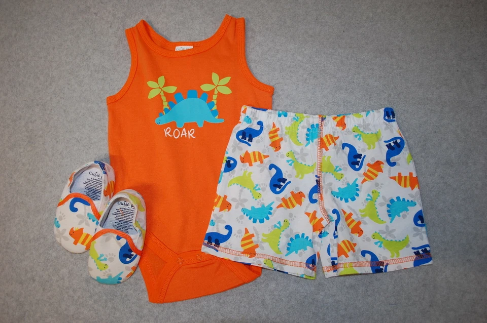 Bebé Niños 3 PIEZAS TRAJE DE VERANO Naranja Camiseta sin mangas DINOSAURIOS RUGIDO Pantalones Cortos Zapatos 3-6 MO Foto 1 de 1